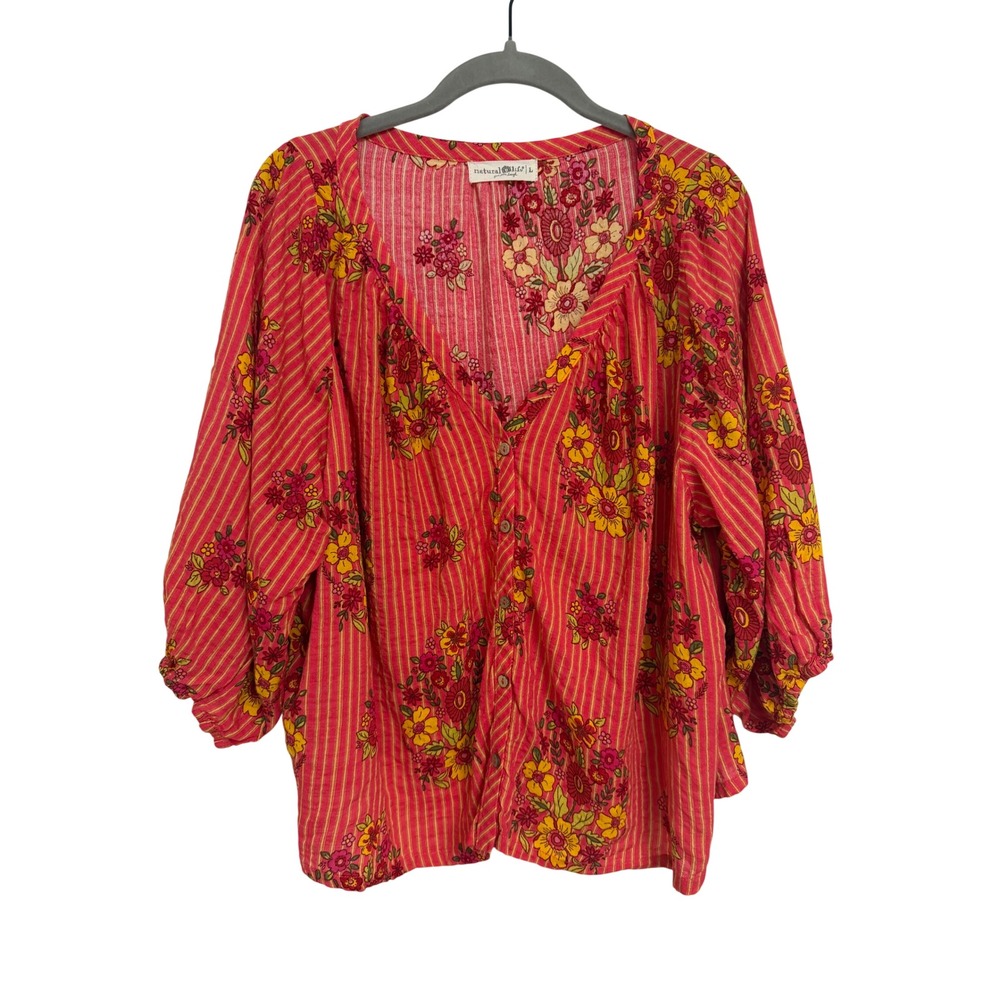 Natural Life Pink Floral Striped Boho Button Front Blouse Top Large